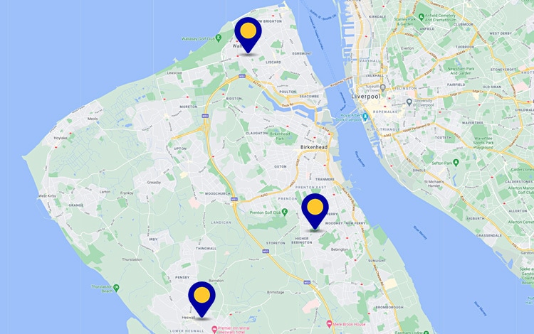 Map of our practices across the Wirral area